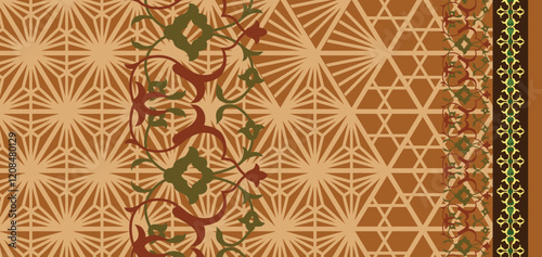 Geometric-Pattern combinations, paired with soft floral touches, offering a unique blend of structured and natural designs for textiles and wallpapers.
