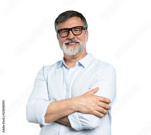 Bearded middle-aged man wearing glasses posing over transparent background