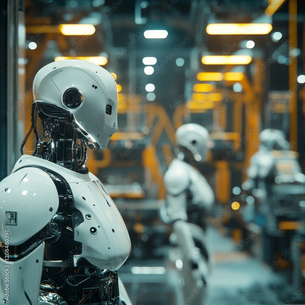 hyperrealstic foto of a fully automated factory powered by ai with engineers talking to each other, depth of field with focus of machines in the focus hyperrealstic foto of a fully automated factory powered by ai with engineers talking to each other, depth of field with focus of machines in the focus