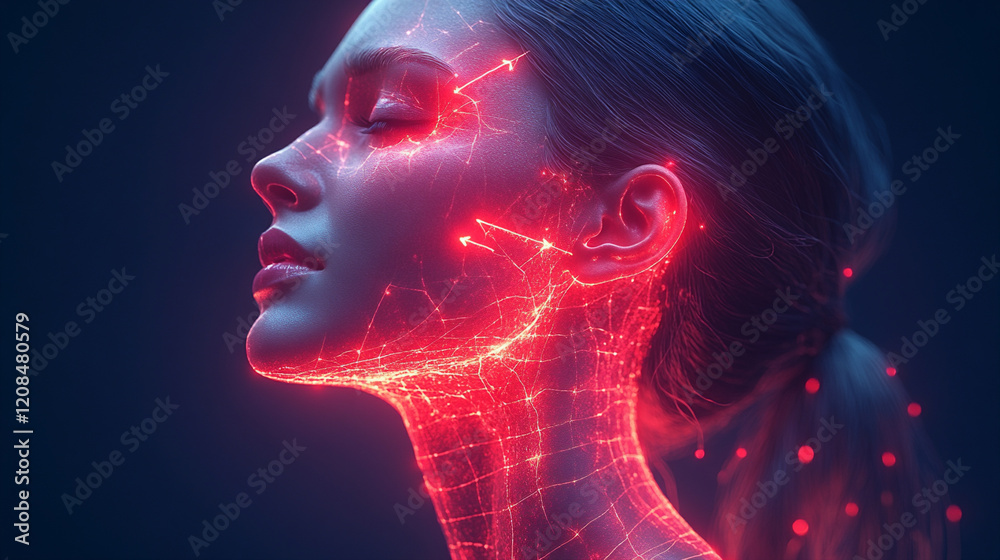 Illustration of a Side Profile of a Woman With Glowing Digital Lines and Nodes Representing Neural Connections Illustration of a Side Profile of a Woman With Glowing Digital Lines and Nodes Representing Neural Connections