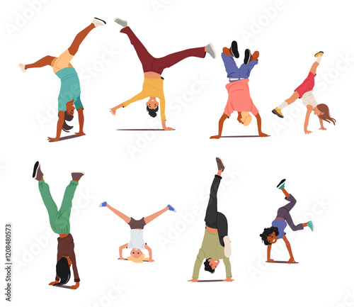 Adults and children cartoon characters breakdancing, making cartwheel standing upside down set