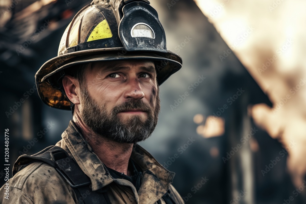 Portrait of firefighter wearing protective gear standing in front of burning structure, with intense expression conveying determination and bravery during firefighting operation Portrait of firefighter wearing protective gear standing in front of burning structure, with intense expression conveying determination and bravery during firefighting operation