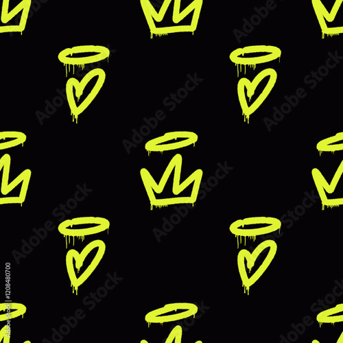 Trendy Y2K acid graffiti seamless pattern. Neon yellow crowns and hearts with halos on a black background. Perfect for streetwear, urban design, digital wallpapers, and edgy creative projects.