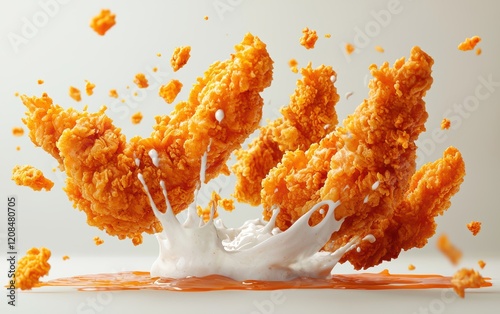 A flying crispy chicken tenders platter with ranch and buffalo sauce swirling around photo