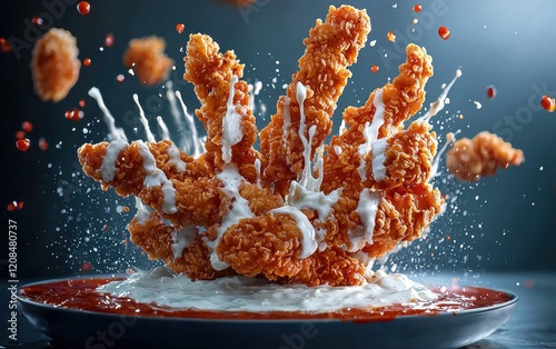 A flying crispy chicken tenders platter with ranch and buffalo sauce swirling around photo