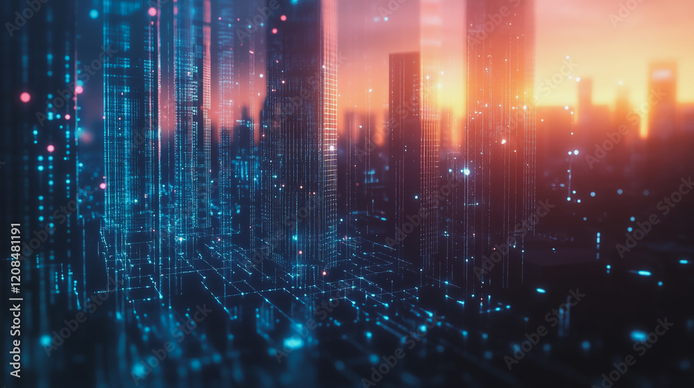 Obraz premium Smart digital Innovation city with connection network reciprocity over the cityscape. of future smart wireless digital city and social media networking systems that connects people with in city