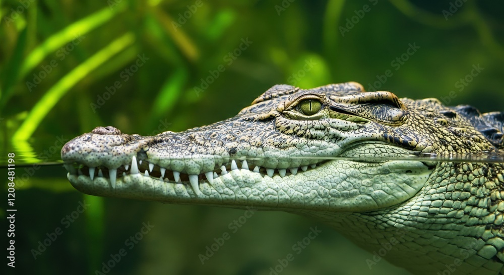 Fototapeta premium Close-up of a crocodile swimming in a lush green habitat