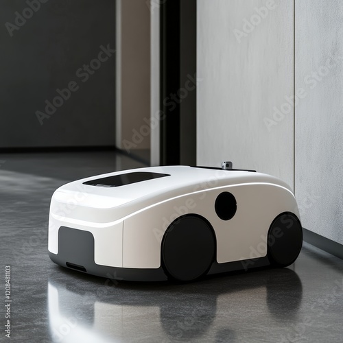 a modern robot sweeper cleaner, fururistic, minimalist with white LED  photo