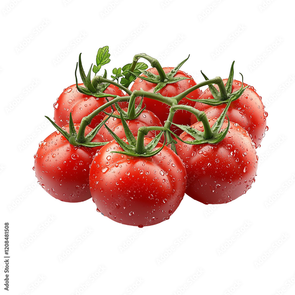 A cluster of fresh red tomatoes on a vine, glistening with water droplets. A cluster of fresh red tomatoes on a vine, glistening with water droplets.