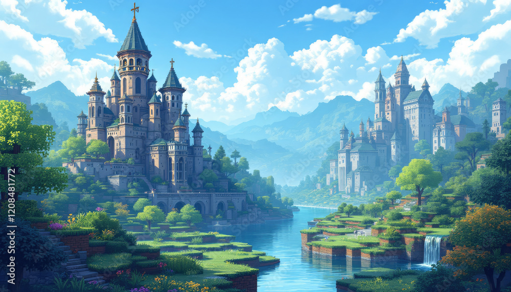 Naklejka premium A digital art piece featuring a castle surrounded by a lush green landscape, with a river and waterfall in the foreground. Pixel art background, pixel art wallpaper