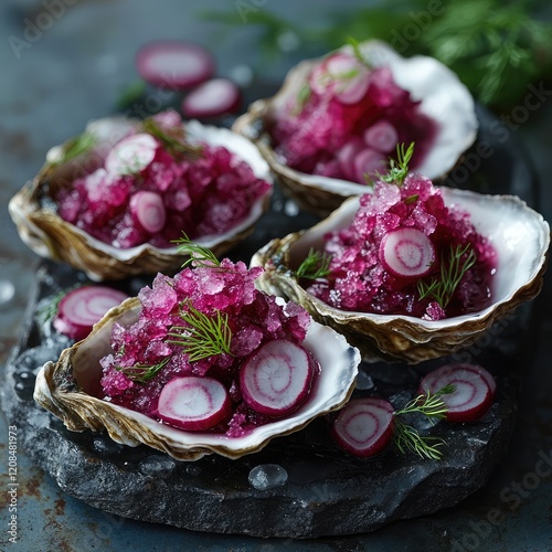 Chilled oysters topped with vibrant beetroot granita and fresh dill photo