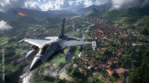 Fighter jet flying over mountain village landscape