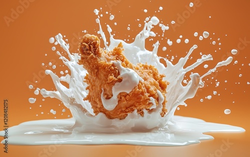 A floating piece of golden fried chicken with creamy ranch dressing splashing around photo