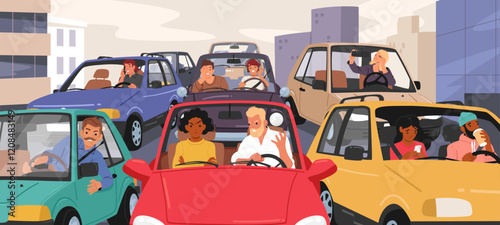 People driving car in city traffic jam waiting for movement demonstrating different emotions scene