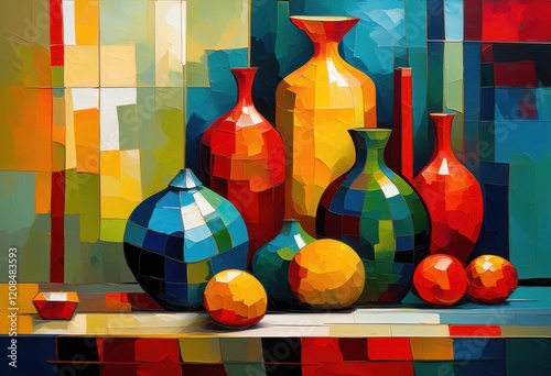 vibrant abstract still life canvas texture featuring bold geometric rich layering techniques unique art piece, colors, colorful, painting, shapes, artwork