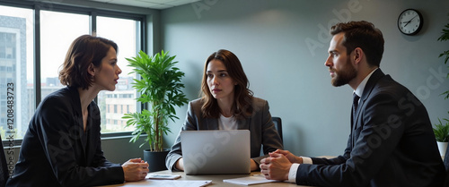 Business professionals in serious discussion at office meeting