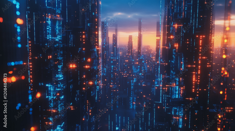 Smart digital Innovation city with connection network reciprocity over the cityscape. of future smart wireless digital city and social media networking systems that connects people with in city