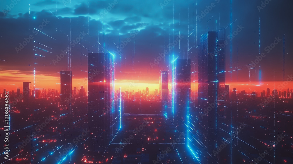 Fototapeta premium Smart digital Innovation city with connection network reciprocity over the cityscape. of future smart wireless digital city and social media networking systems that connects people with in city