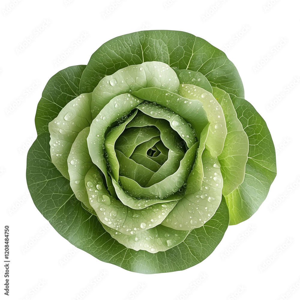 Fototapeta premium A fresh green cabbage with water droplets, showcasing its layered leaves and vibrant color.