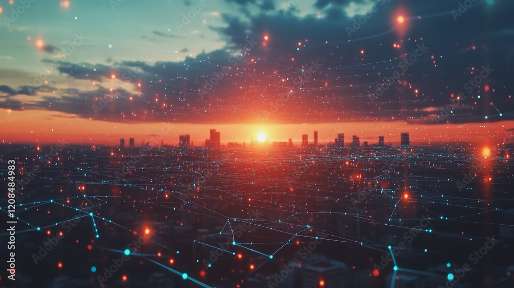 Fototapeta premium Smart digital Innovation city with connection network reciprocity over the cityscape. of future smart wireless digital city and social media networking systems that connects people with in city