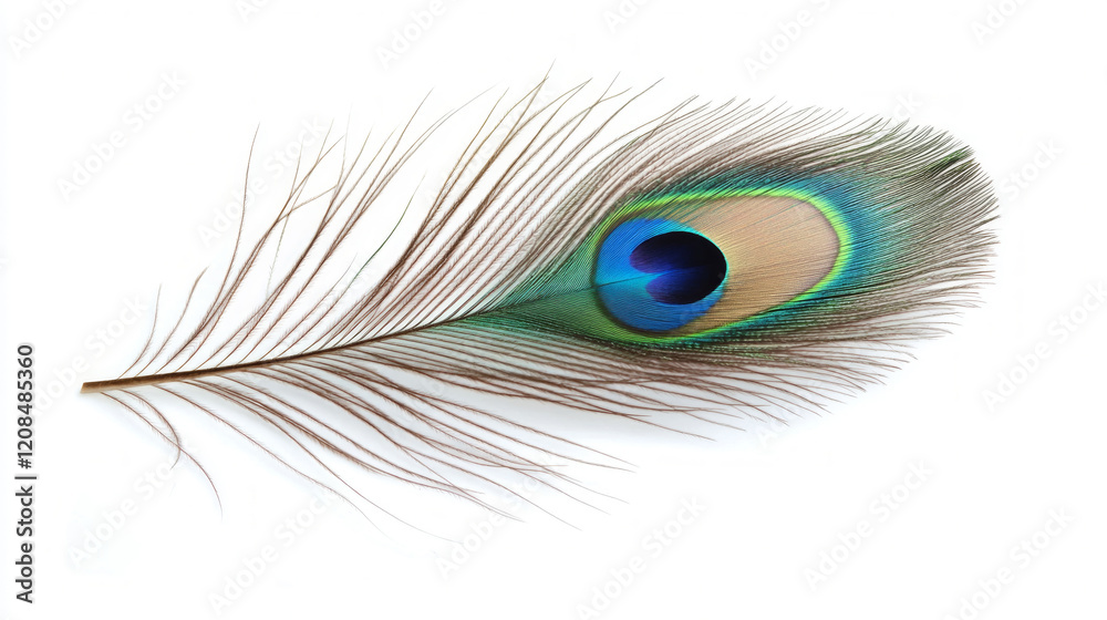 Obraz premium Beautiful Peacock feather showing iridescent green and blue colors on white background