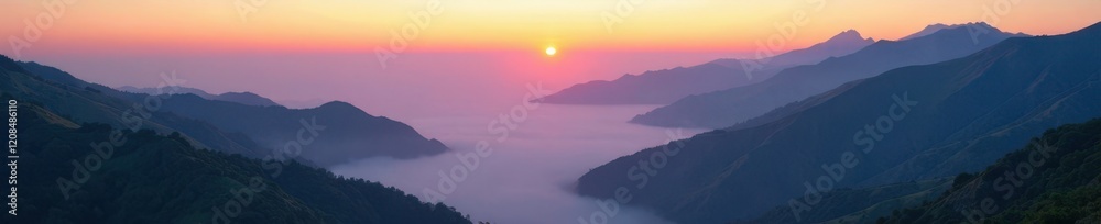 Misty veil rises over the Anaga Mountains at dawn, valley, fog, dawn Misty veil rises over the Anaga Mountains at dawn, valley, fog, dawn