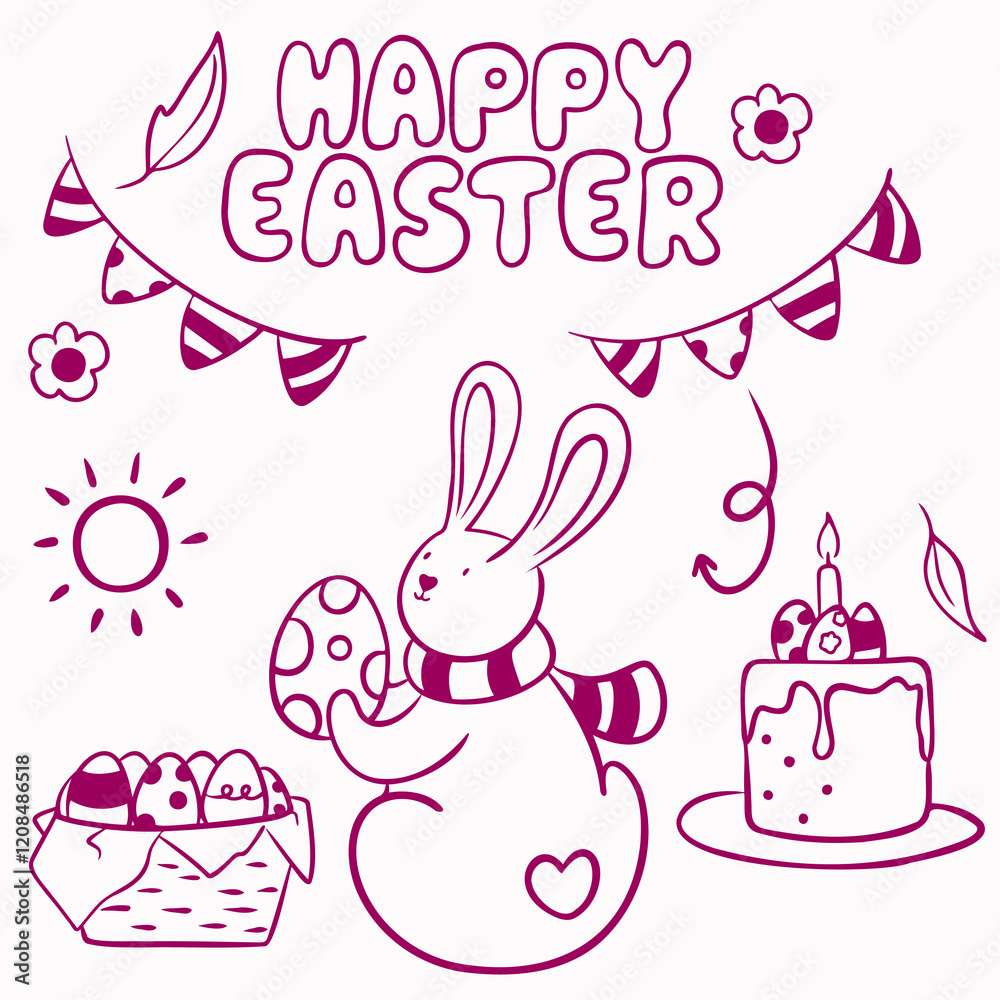 Set of vector purple doodle elements for Easter: bunny with egg, Easter cake, lettering, basket with eggs, bunny ears with flowers, flags