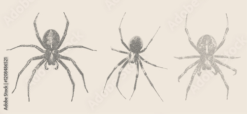 Dark gothic halftone spiders set. Retro photocopy effect. Collage elements for mixed media design. Vintage grunge bitmap.