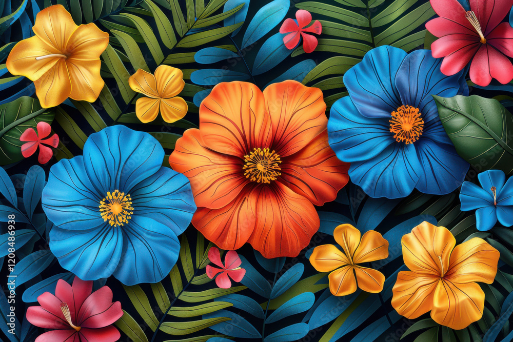 Obraz premium A visually striking March card showcases an array of vibrant flowers and lush green foliage, embodying the lively spirit of spring. Perfect for seasonal greetings and celebrations.