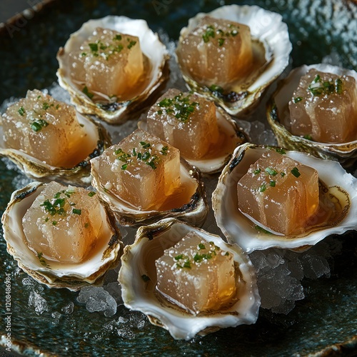 Raw oysters topped with sparkling Prosecco jelly cubes photo