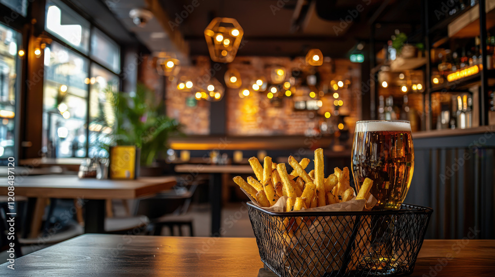 Fototapeta premium Fries and Craft Beer in Modern Pub Setting