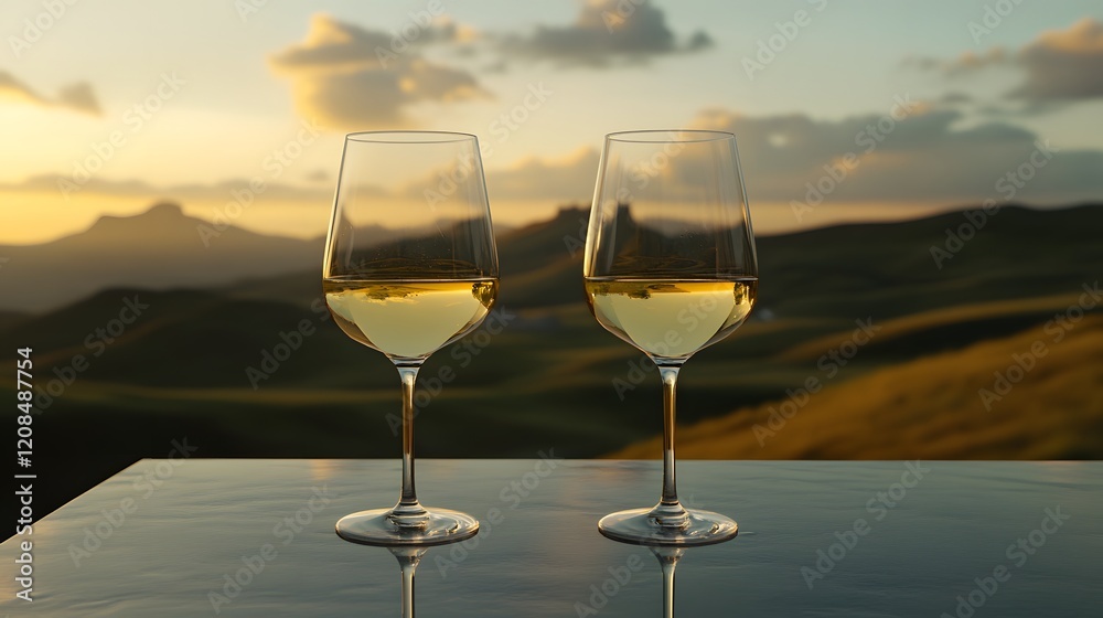 Two wine glasses with white wine with a landscape behind Two wine glasses with white wine with a landscape behind