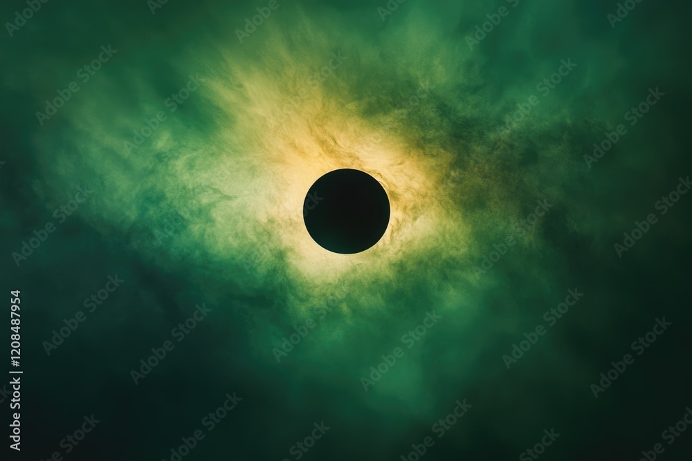 A dramatic depiction of a solar eclipse, shrouded in dark green and yellow clouds.