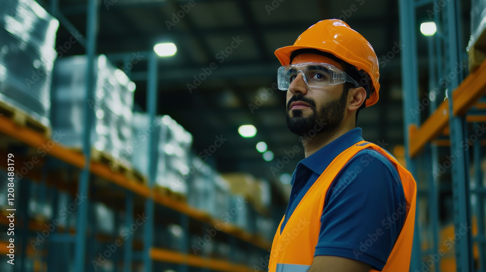 Warehouse worker in safety gear monitors inventory during a busy logistics operation in a large storage facility in the late afternoon sunlight Warehouse worker in safety gear monitors inventory during a busy logistics operation in a large storage facility in the late afternoon sunlight