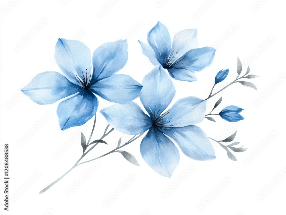 Fototapeta premium Delicate Watercolor Blue Flower Bouquet with Twigs for Wedding Stationery