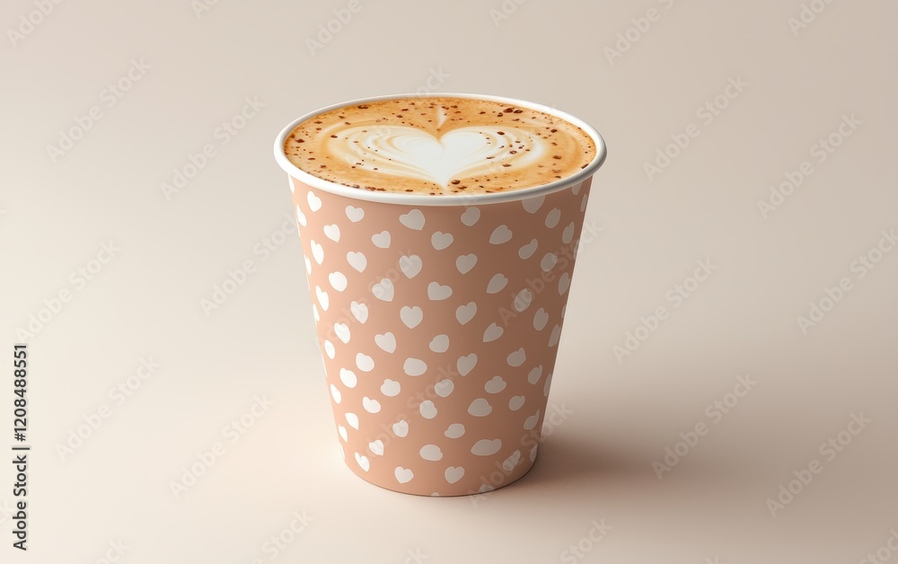 A mockup of a latte cup with a heart-shaped foam design on a pastel cream background A mockup of a latte cup with a heart-shaped foam design on a pastel cream background