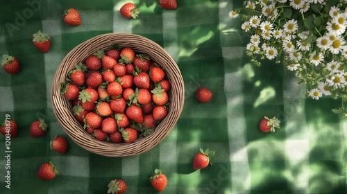 Fresh ripe strawberry in bowl,High angle view of strawberries on table
 photo