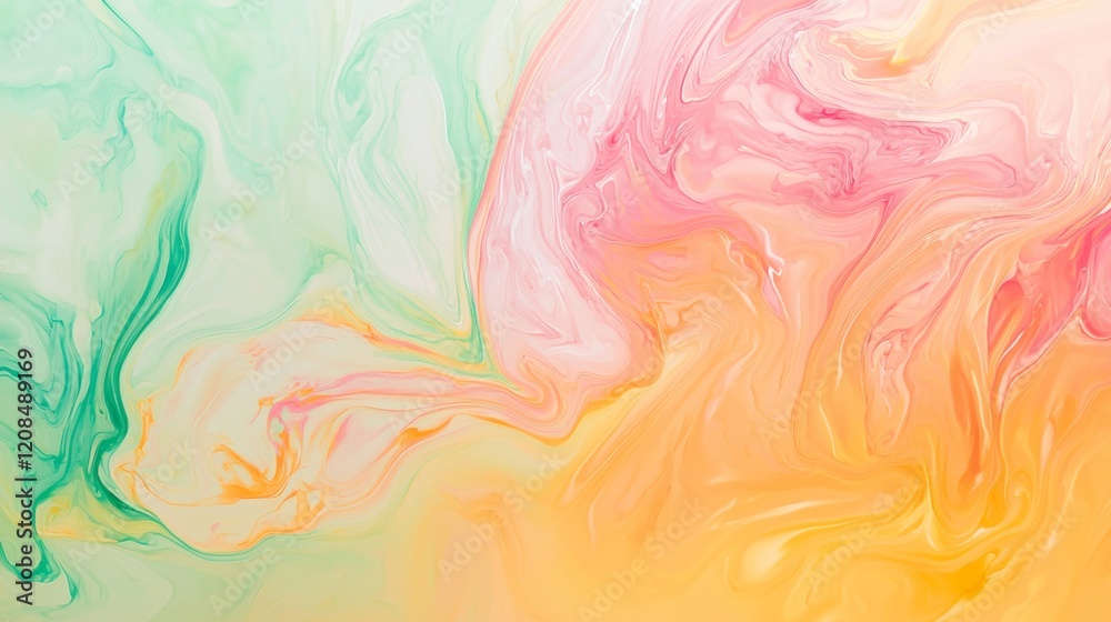 Fluid acrylic painting creating unique abstract swirls of pink, green, and yellow, forming a dynamic and colorful artwork with a mesmerizing blend of hues Fluid acrylic painting creating unique abstract swirls of pink, green, and yellow, forming a dynamic and colorful artwork with a mesmerizing blend of hues