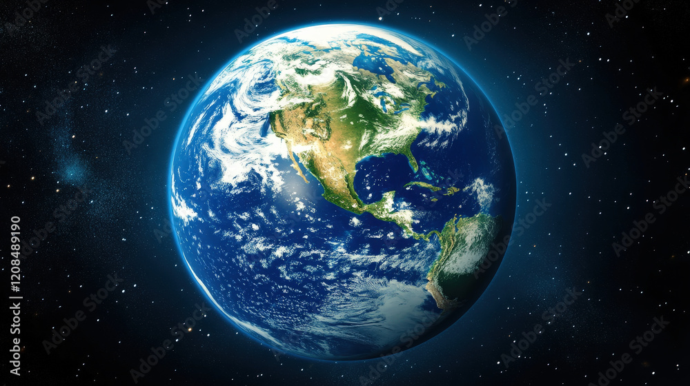 View of Earth from space showcasing continents and oceans in the vastness of the universe with stars twinkling in the background View of Earth from space showcasing continents and oceans in the vastness of the universe with stars twinkling in the background