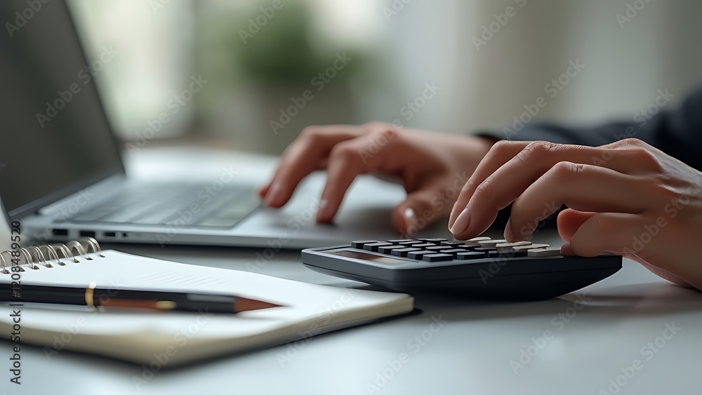 Close up business woman hand using calculator to calculate home finance, accounting with laptop computer on table, budget management, monthly expenses. Doing finance, budgeting and tax calculation Close up business woman hand using calculator to calculate home finance, accounting with laptop computer on table, budget management, monthly expenses. Doing finance, budgeting and tax calculation