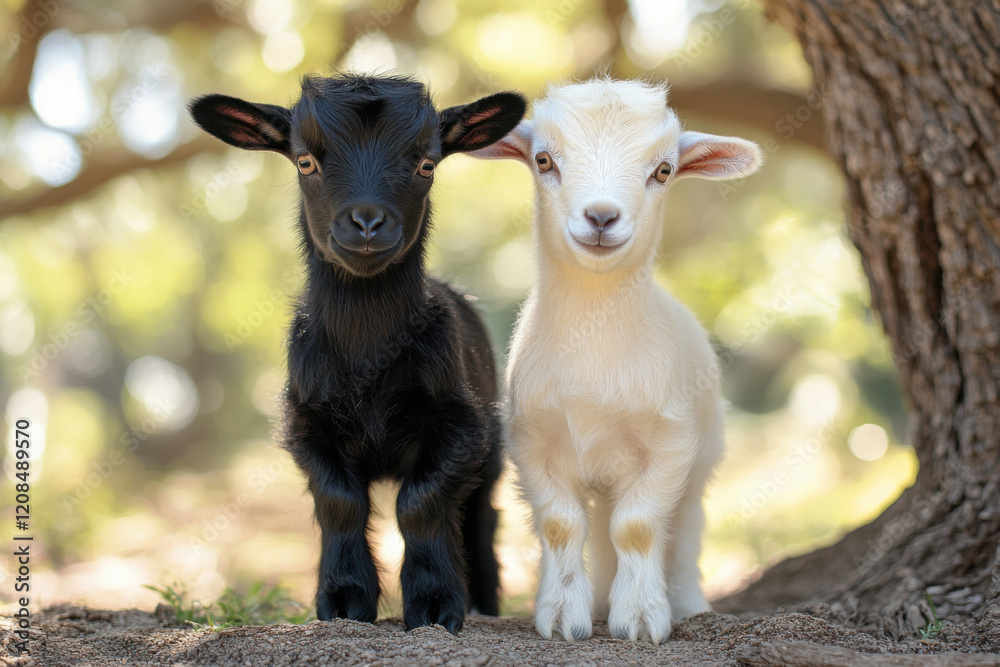 Fototapeta premium Two adorable tiny goats, one black and one white, stand side by side beneath the shade of trees in a sunny pasture, enjoying a beautiful day outdoors.