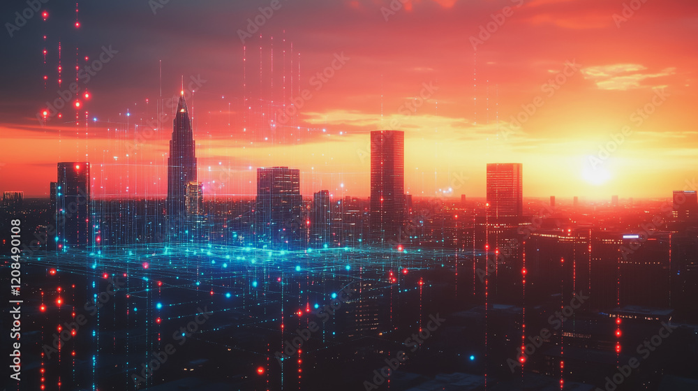 Fototapeta premium Smart digital Innovation city with connection network reciprocity over the cityscape. of future smart wireless digital city and social media networking systems that connects people with in city