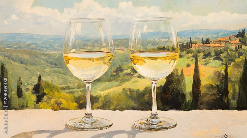 Two wine glasses with white wine with a landscape behind Two wine glasses with white wine with a landscape behind