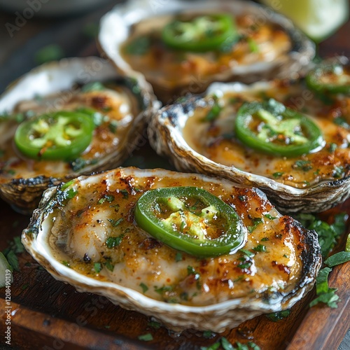 Chargrilled oysters topped with a spicy jalapeño butter sauce photo