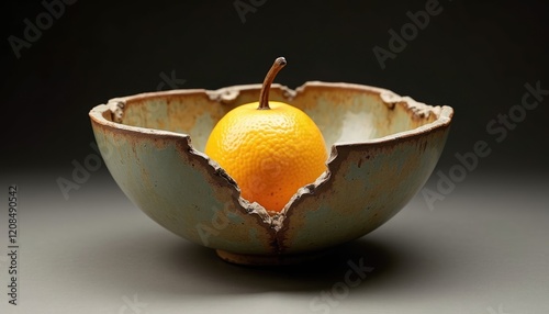 A cracked bowl holding a single fruit. Motherless illustration, HD Backgrounds photo