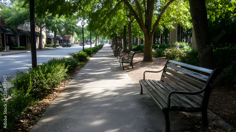 A quiet street with empty, well-worn benches lining the sidewalk, shaded by tall trees. Empty street with benches and tall trees. A quiet street with empty, well-worn benches lining the sidewalk, shaded by tall trees. Empty street with benches and tall trees.