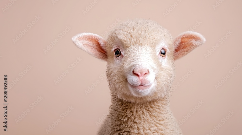 Fototapeta premium Cute lamb portrait, neutral background, farm animal, spring