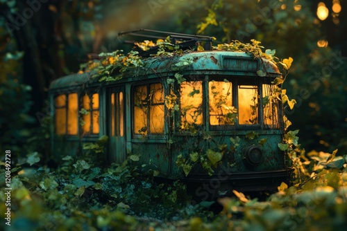 Rusty old tram swallowed by jungle, glowing warmly from within. photo