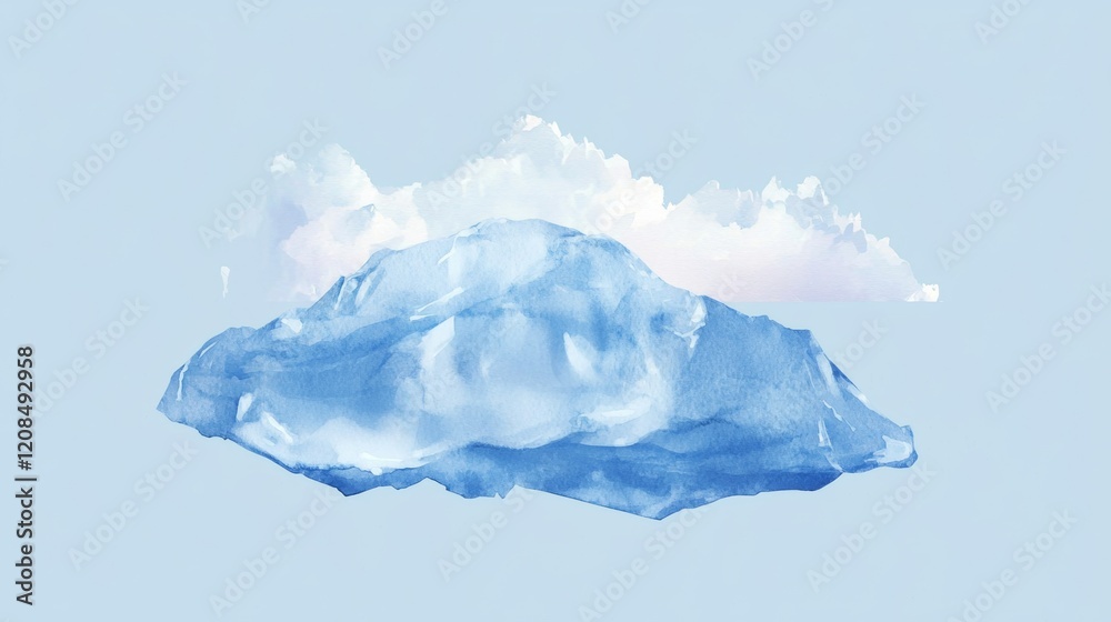 Obraz premium Minimalist watercolor painting representing a floating island with clouds in a blue sky, creating a dreamy and surreal atmosphere with soft pastel colors