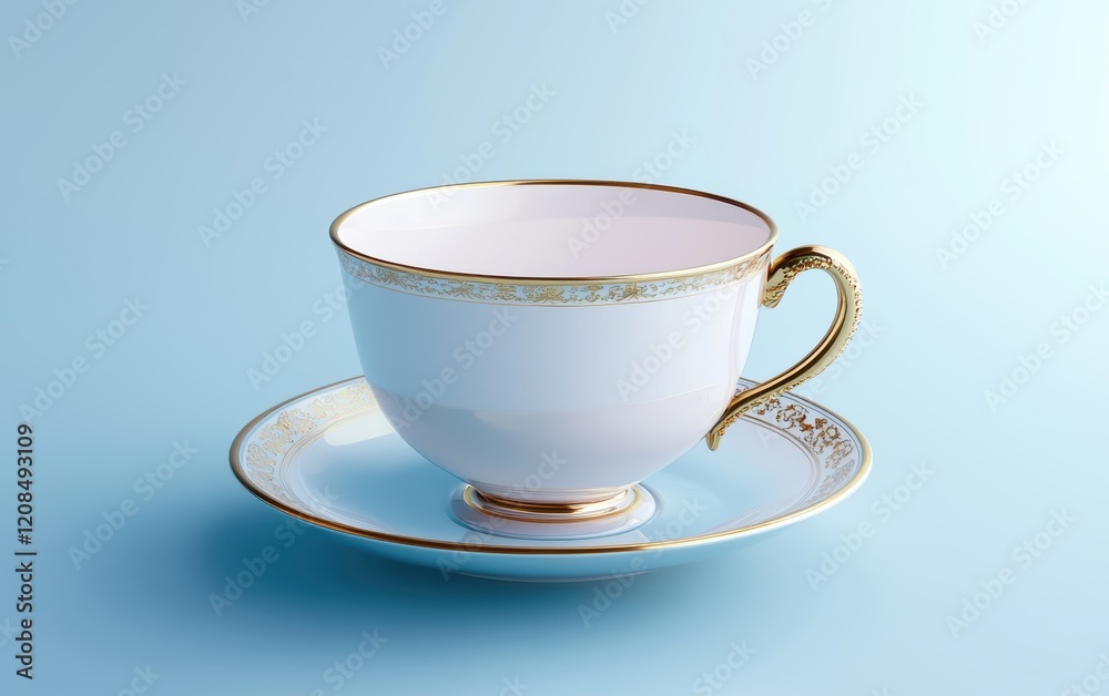Fototapeta premium A mockup of a cup and saucer with a luxurious gold trim placed on a pastel blue gradient surface